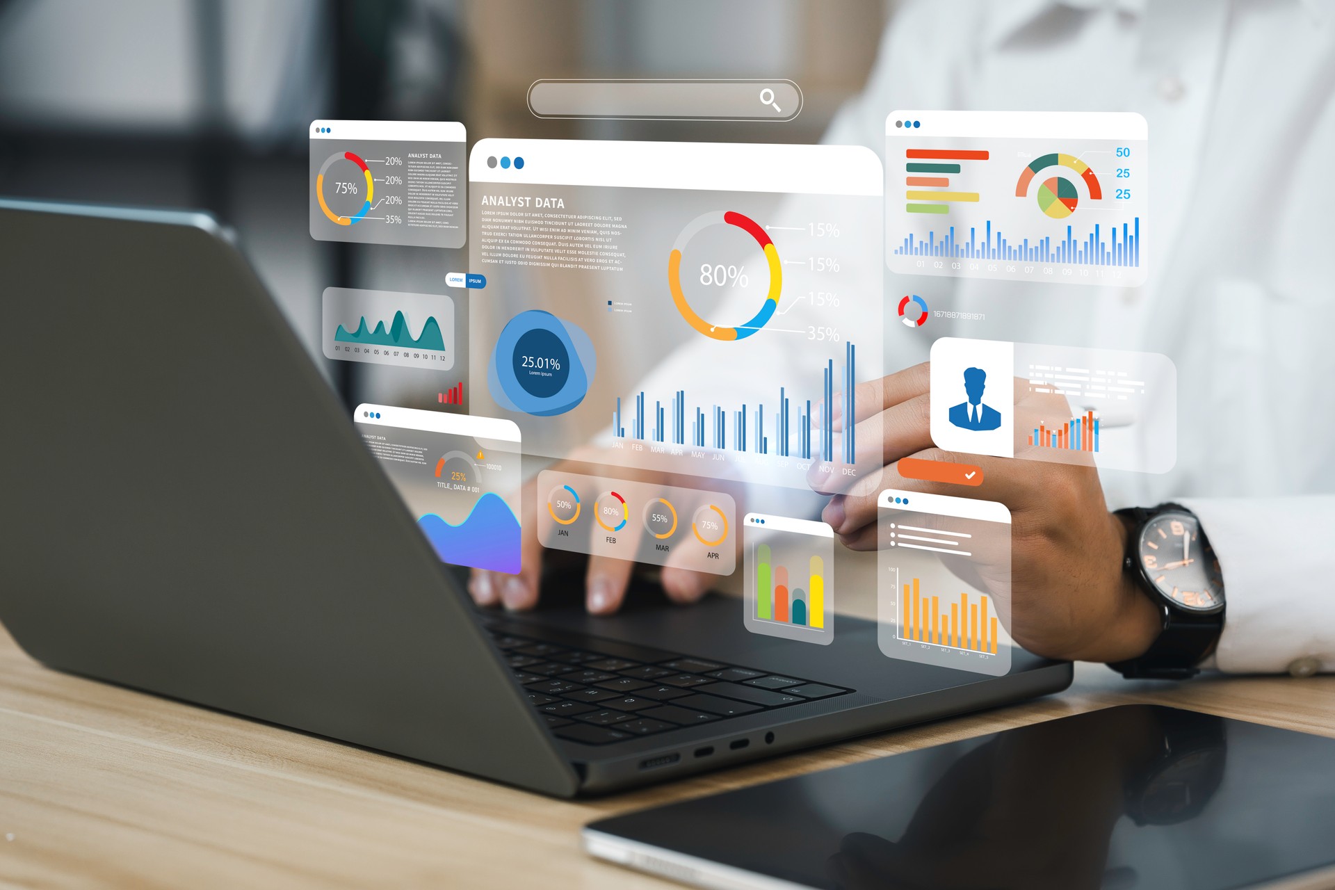 An analyst uses a computer and dashboard for data business analysis and Data Management System with KPI and metrics connected to the database for technology finance, operations, sales, marketing