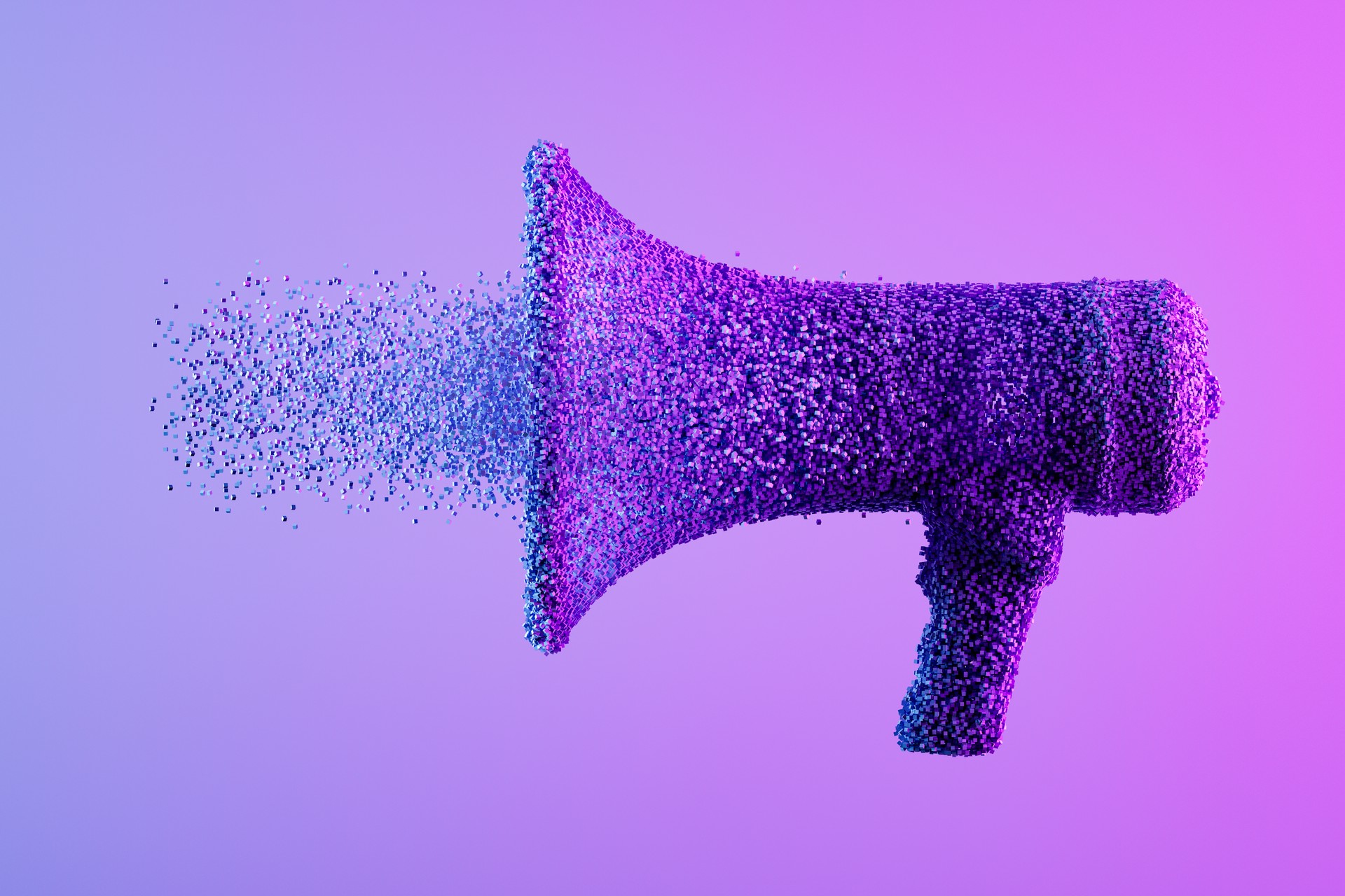 Megaphone exploding with particles on neon background